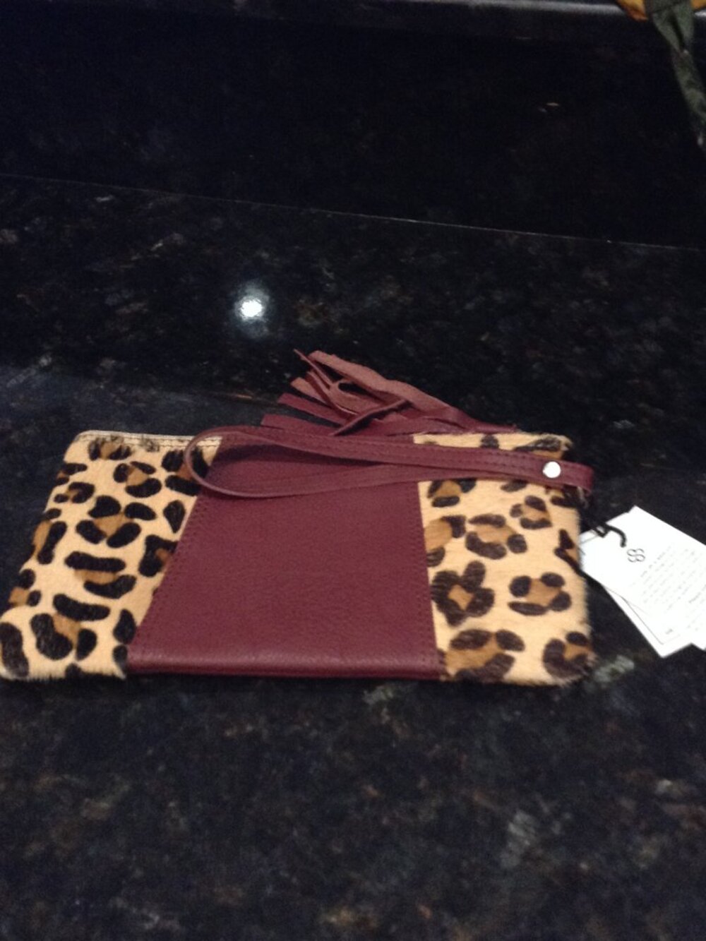 NWT Soruka "Barcelona" Recycled leather Wristlet Tassels Cheetah Print Trendy